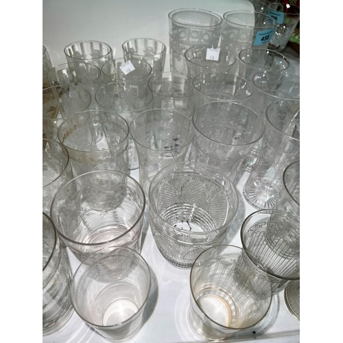 458 - A set of six Edwardian Stuart crystal etched tumblers; 2 etched pint glasses; another set of 6 Edwar... 