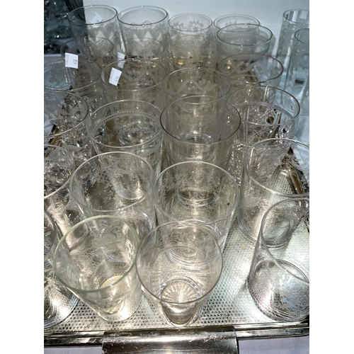 458 - A set of six Edwardian Stuart crystal etched tumblers; 2 etched pint glasses; another set of 6 Edwar... 