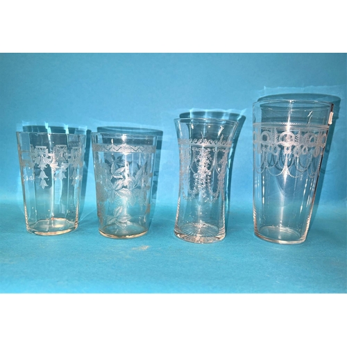 458 - A set of six Edwardian Stuart crystal etched tumblers; 2 etched pint glasses; another set of 6 Edwar... 