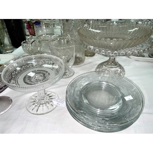 460 - A selection of cut and moulded glass tazzas, jugs, dishes and plates.