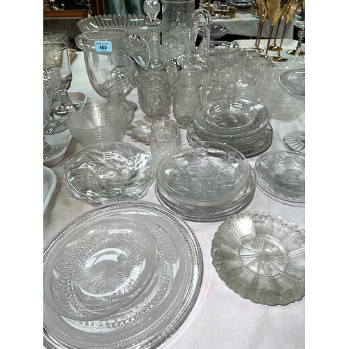 460 - A selection of cut and moulded glass tazzas, jugs, dishes and plates.