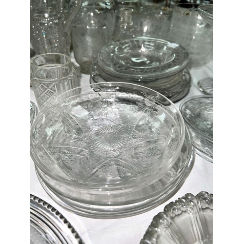 460 - A selection of cut and moulded glass tazzas, jugs, dishes and plates.