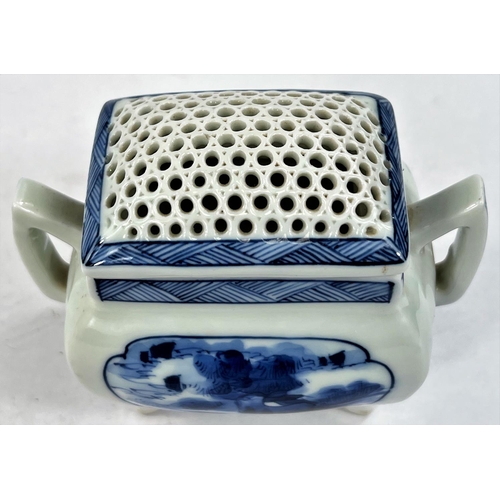 476 - A Japanese Hirado porcelain blue and white censor of rectangular form with double handles etc length... 