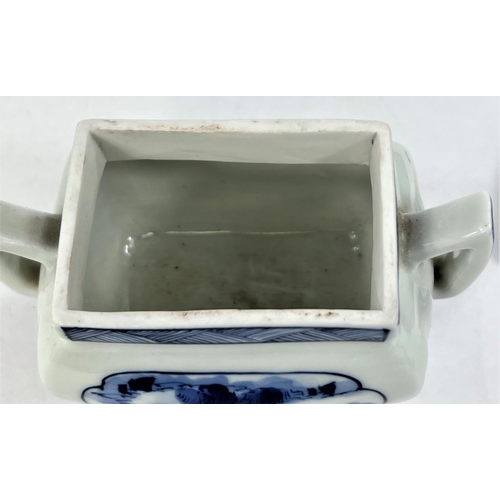 476 - A Japanese Hirado porcelain blue and white censor of rectangular form with double handles etc length... 