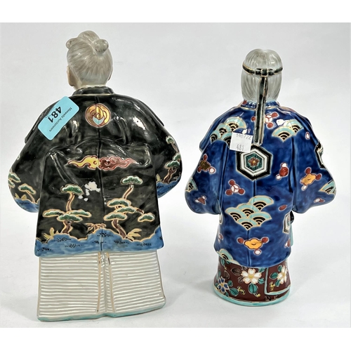 481 - Two Japanese figures of an elderly man and woman with signature to base, ht. 25cm and 23cm