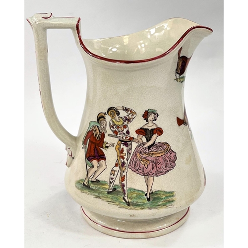 511 - A 19th century puzzle jug by Elsmore & Forster, decorated with fighting cocks and comedy figures... 