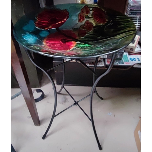 14 - A metal stand with basket interior and a decorate glass top dish table/bird bath