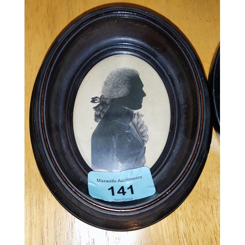 141 - Mrs I Beetham (1753-1825) A hand painted miniature silhouette of Georgian gentleman in profile in eb... 