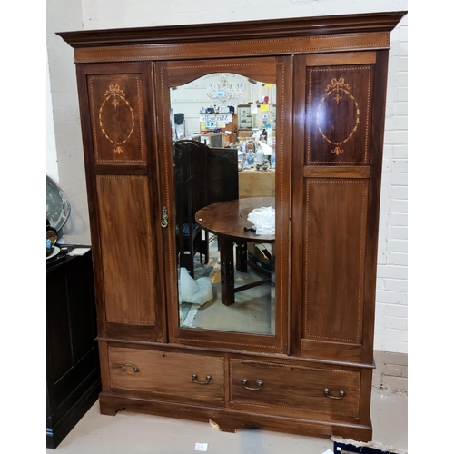 849 - An Edwardian inlaid mahogany single door wardroe with base drawer and near matching dressing table o... 