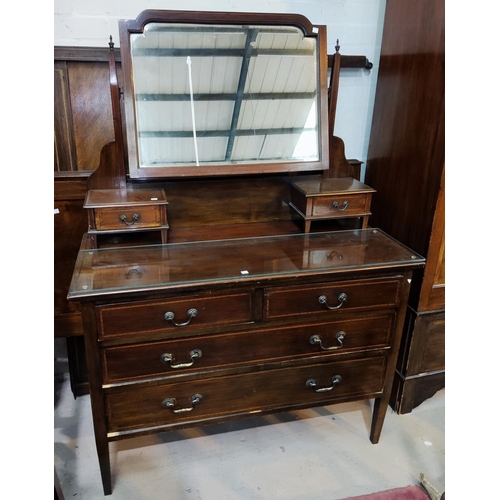 849 - An Edwardian inlaid mahogany single door wardroe with base drawer and near matching dressing table o... 