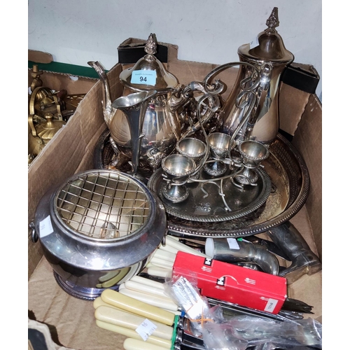 94 - A silver plated four piece tea set and gallery tray; other silver plated cutlery and decorative bras... 