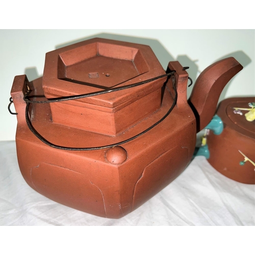 485 - A large Chinese Yi-Xing teapot hexagonal shape, L. 22cm, another small coloured teapot