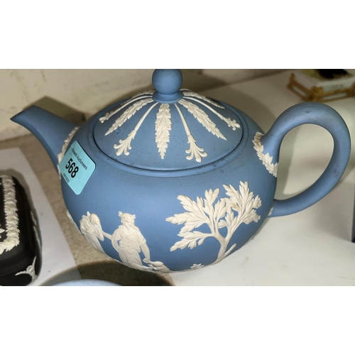 568 - A selection of Wedgwood light blue and other Jasperware:  2 teapots; miniature items, 15 pieces... 