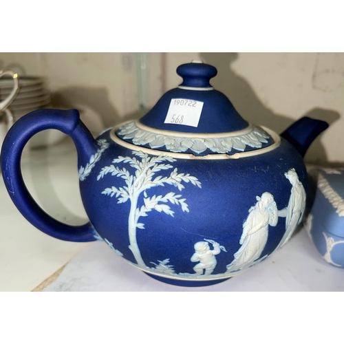 568 - A selection of Wedgwood light blue and other Jasperware:  2 teapots; miniature items, 15 pieces... 