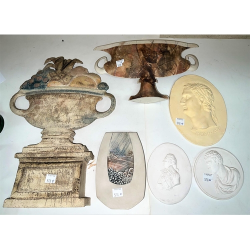 578c - 3 relief decorated plaques depicting classical busts, 2 studio pottery urns etc