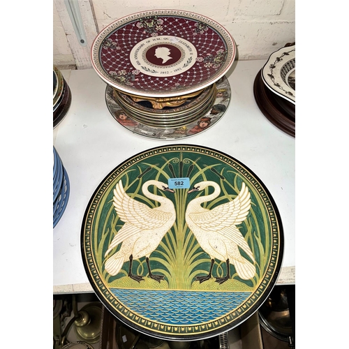 582 - A large Mason 's plate:  Swans by Walter Crane; Royal Doulton and other decorative plates; a set of ... 