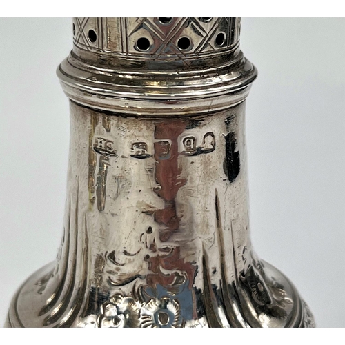 757 - An 18th century hallmarked silver sugar sifter with embossed detail (some denting) London 1791,... 