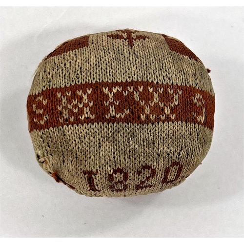 143 - An early 19th century needlework pin cushion dated 1820, Lettered SMEWS with other areas of decorati... 