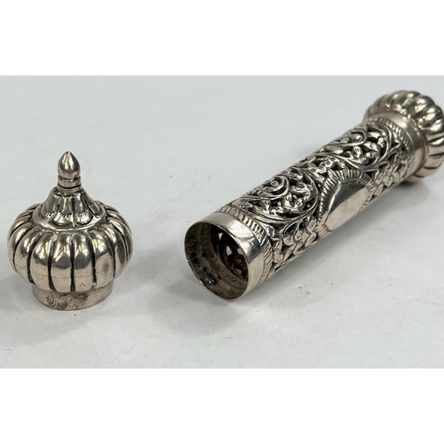 759C - A Middle Eastern white metal scroll/letter holder with pierced decoration, stamped silver, 3.4oz.