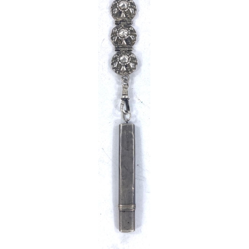 602 - A white metal Chatelaine with three strands, two with hallmarked items