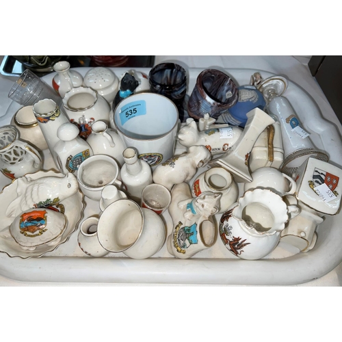 535 - A selection of miniature Crested ware, including Goss, including animals; WWI items; a slag glass va... 