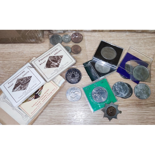 25b - A selection of commemorative crowns and other coins; silk and other postcards; photos; etc.
