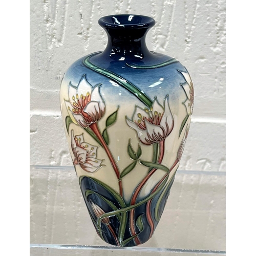 429 - A modern Moorcroft of tapering form decorated with tulips against a blue & white ground, Trial D... 