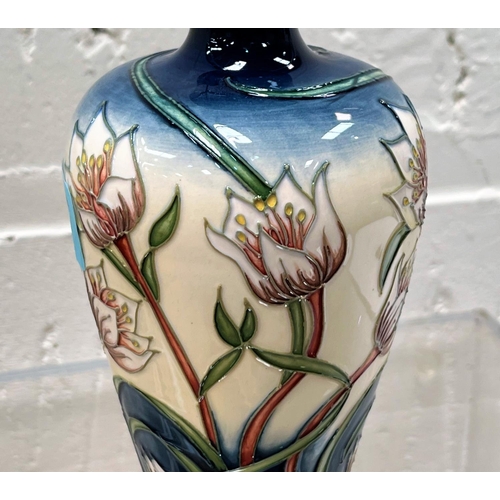 429 - A modern Moorcroft of tapering form decorated with tulips against a blue & white ground, Trial D... 