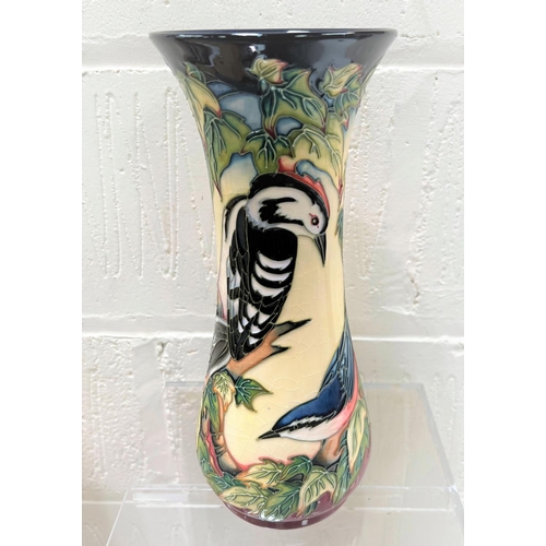 430 - A modern Moorcroft tall waisted vase 'Ingleswood' pattern, decorated with woodpecker and finches etc... 