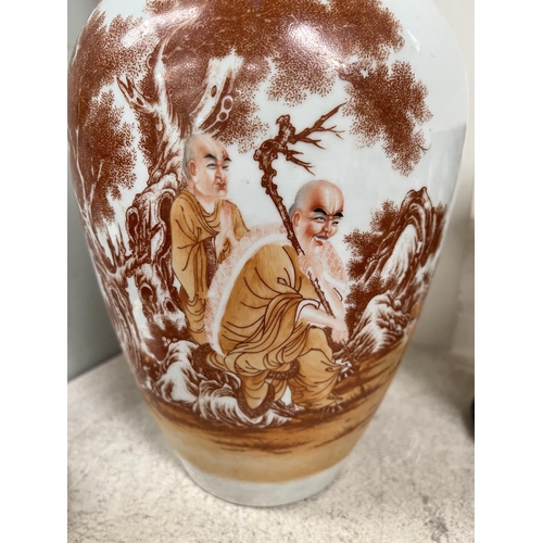 475D - A Chinese vase with burnt orange decoration of monks in a country scene with text to other side, 6 c... 