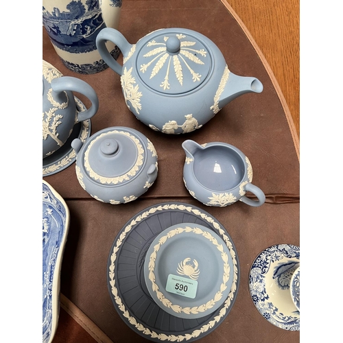 590 - Two Wedgewood Jasperware teapots, a sugar + milk jug, other Wedgewood + a small set of Spode Italian... 