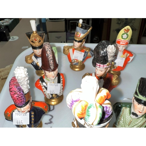 445 - Eight porcelain busts of Napoleonic soldiers, height 10-13.5 cm