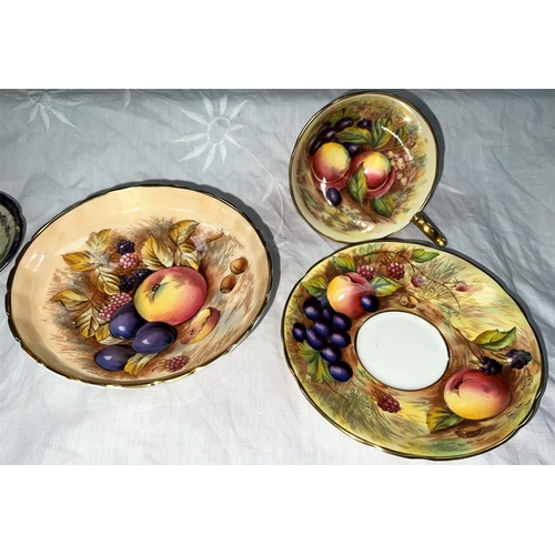 596A - 3 pieces of hand enamelled over transfer Aynsley Golden Fruit - cup, saucer and shallow pedestal bow... 