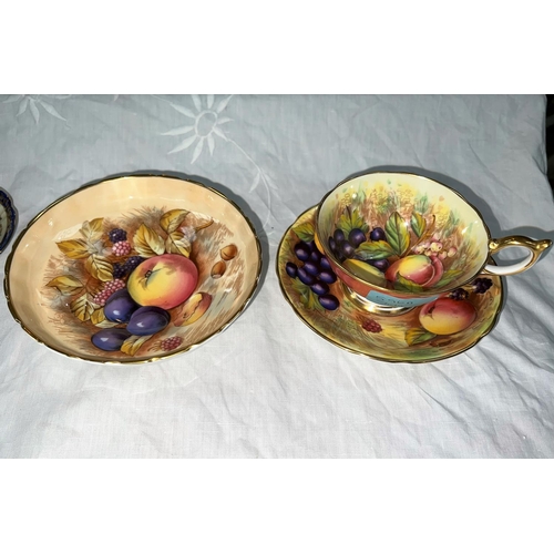 596A - 3 pieces of hand enamelled over transfer Aynsley Golden Fruit - cup, saucer and shallow pedestal bow... 