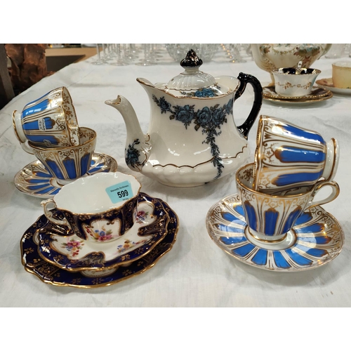 599 - Hammersley & Co Dresden Sprays Trio set; 2 Ridgeway powder blue gilt trio sets and a Selby teapo... 