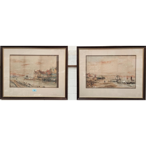 778 - John Speedy, British 19th Century:  Robin Hoods Bay with boats in the sea, 2 watercolours, 32 x... 