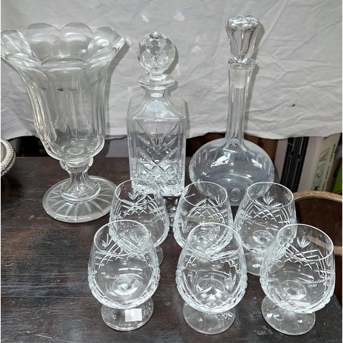 580 - A Victorian slice cut celery vase; an Edwardian sherry decanter; a square decanter; 6 brandy glasses... 