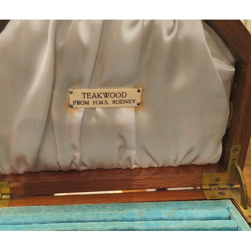 212 - A jewellery box made of teak from HMS Rodney with teak with label 'Teakwood HMS Rodney'(a hand writt... 