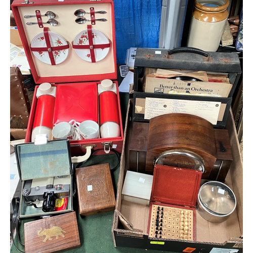 2 - A 1930's Westminster chiming walnut mantle clock; a Brexton picnic set; a case of 78 rpm records; a ... 