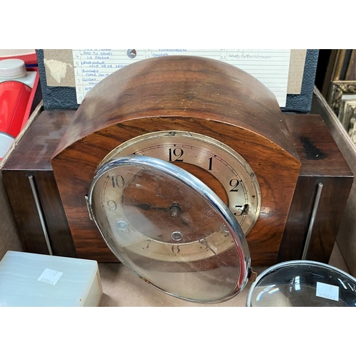 2 - A 1930's Westminster chiming walnut mantle clock; a Brexton picnic set; a case of 78 rpm records; a ... 