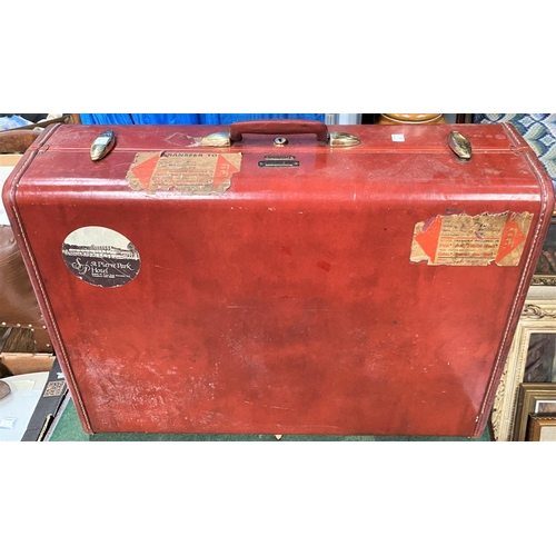 29 - A large vintage leather suitcase; a 1960's Bush radio; a brass jardinière; metalware