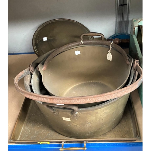 37 - A brass tray; a brass warming pan; 3 jam pans