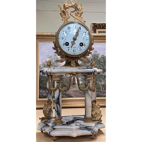 53 - A 19th French gilt and marble clock garniture with swag leaf and laurel decoration, with white ename... 