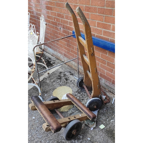 43 - A vintage sack truck; a winding metal stand; a 2 wheel piano truck; a towel rail