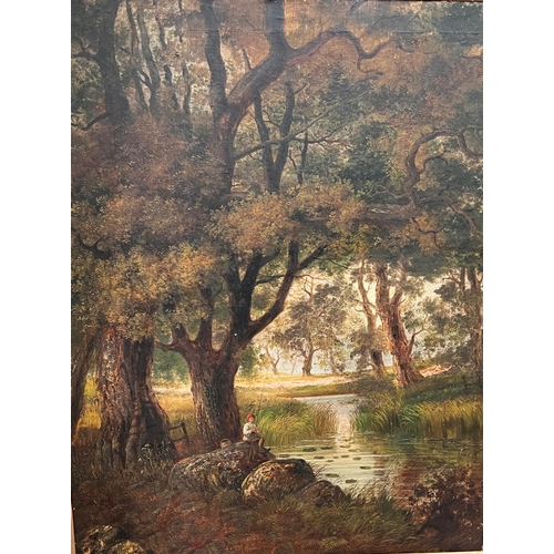 869 - BRITISH, 19th century, WILKINSON? oil on canvas woodland scene with river and boy fishing, indistinc... 