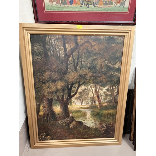 869 - BRITISH, 19th century, WILKINSON? oil on canvas woodland scene with river and boy fishing, indistinc... 