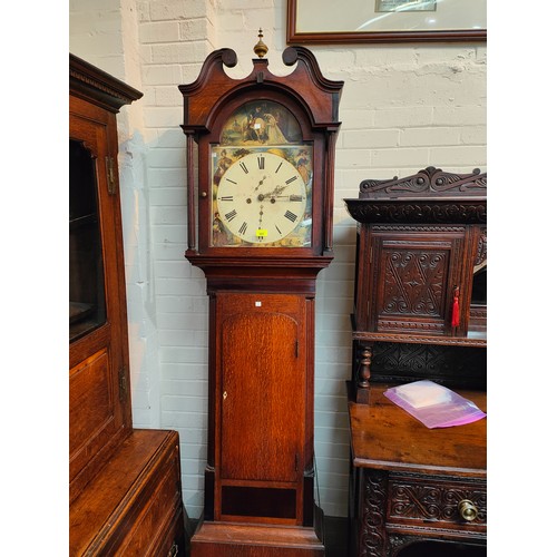 918 - An early 19th century oak and mahogany longcase clock, with swan neck pediment and reeded side colum... 