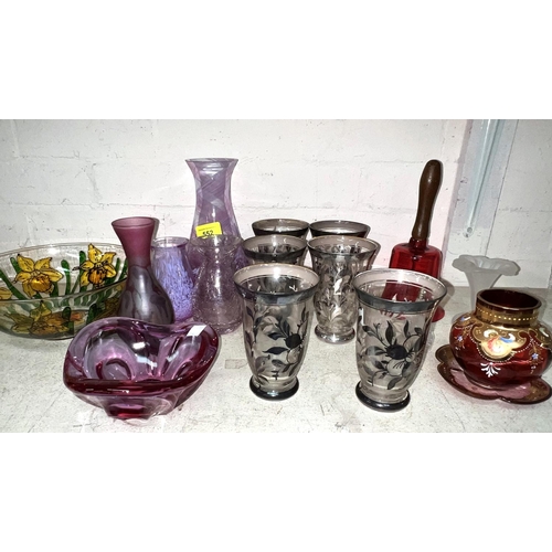 556 - A selection of coloured glassware; 6 silver overlaid tumblers