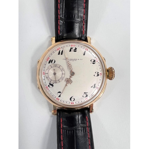 680 - A 1910 Patek Philippe 18k gold 'Marriage Converted Wristwatch' with large winder, seconds complicati... 