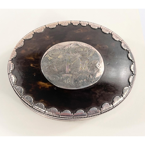 730 - An 18th century white metal and tortoiseshell oval trinket box with detachable lid, crested and orna... 